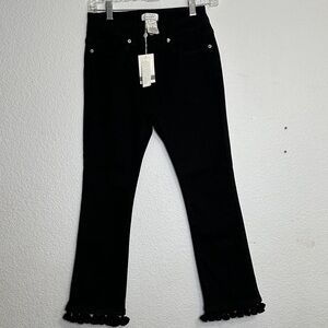 NEW Mud Pie Womens XS Black Stretchy Denim Pants Pompom Hem